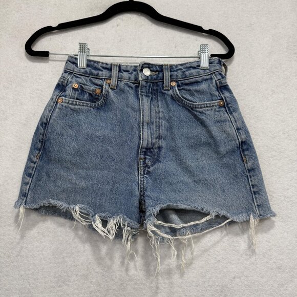 Weekday Float High Loose Mom Shorts Womens 23 Blue Denim Distressed Raw Hem - Picture 1 of 11